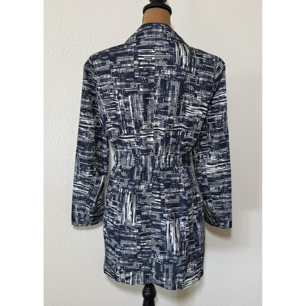 Coldwater Creek Trench Coat Blue/Cream Abstract Belted Mid Length Sz M (10-12) - Picture 4 of 16